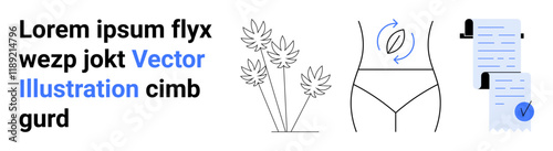 Text block, stylized cannabis leaves, human body outline with arrows, documents with checkmarks. Ideal for health, medicine, education, wellness, legal, informational, and research themes. Landing