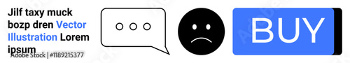 Speech bubble with three dots, black sad face, and blue BUY button. Ideal for user feedback, communication, emotions, e-commerce, customer support, online shopping, digital marketing. Landing page