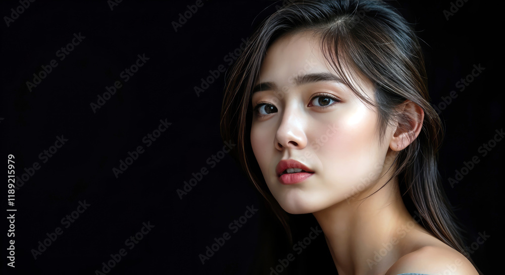 Close up portrait of young Asian woman with dark hair against black background expression is serious and gaze is directed towards viewer Close up portrait of young Asian woman with dark hair against black background expression is serious and gaze is directed towards viewer