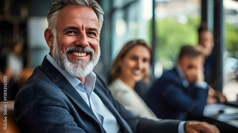 Smiling mature businessman seated with colleagues in an office Smiling mature businessman seated with colleagues in an office