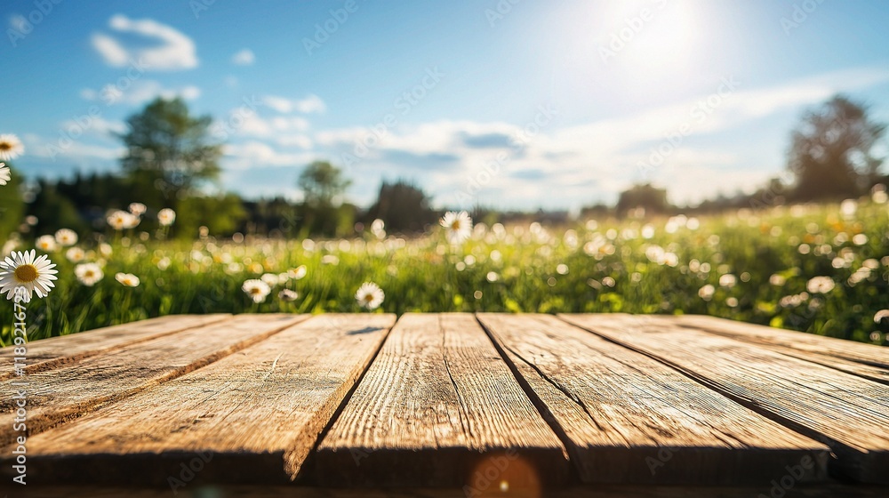 Rustic Wooden Table Display Set Against Sunny Summer Landscape Rustic Wooden Table Display Set Against Sunny Summer Landscape