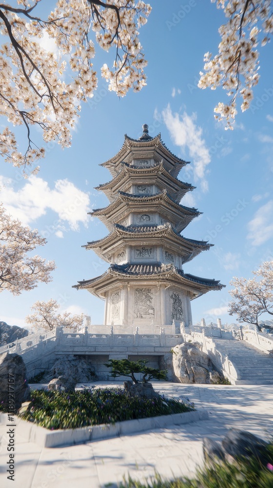Discover tranquility chinese pagoda surrounded by blossoming trees in a scenic garden serene environment and captivating viewpoint Discover tranquility chinese pagoda surrounded by blossoming trees in a scenic garden serene environment and captivating viewpoint