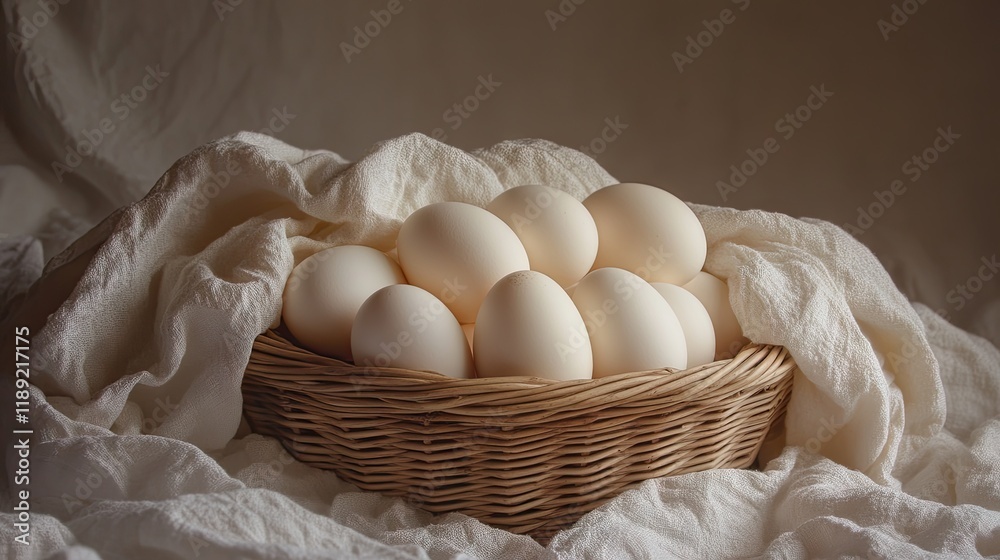 A basket of duck eggs, their creamy shells glowing softly in a well-lit and natural setting.