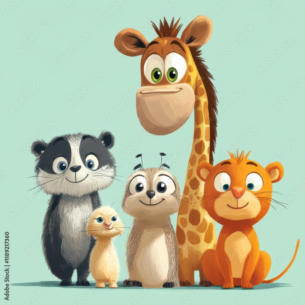 Naklejka premium Adorable Cartoon Animals Grouped Together Smiling