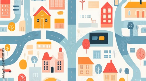 Colorful illustrated map of a town with houses, roads, trees, and buildings.