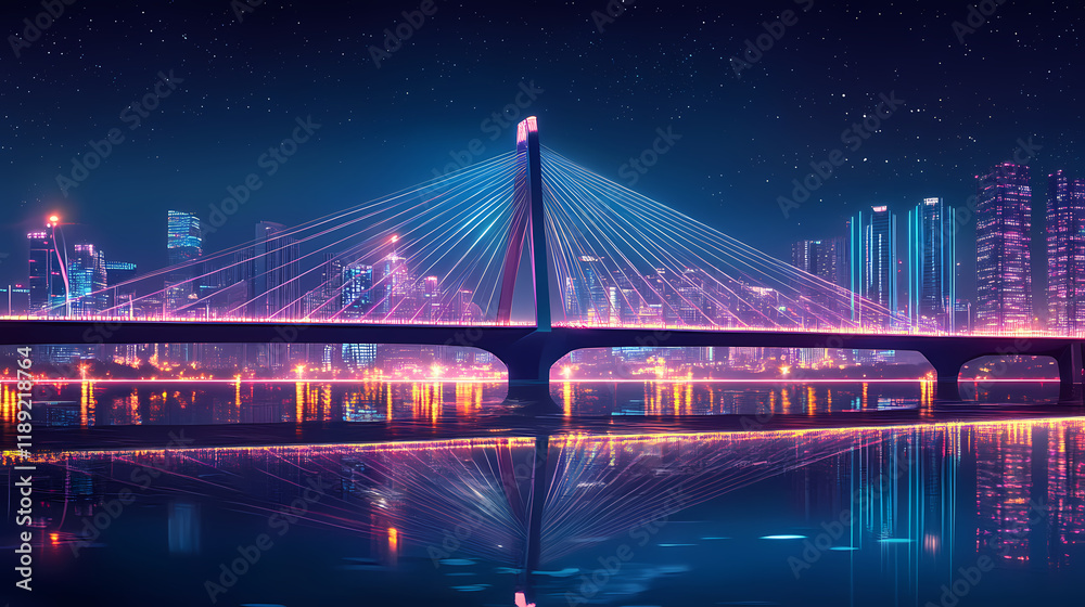 Naklejka premium Futuristic cable stay bridge at night over cityscape. Nightstone. Illustration