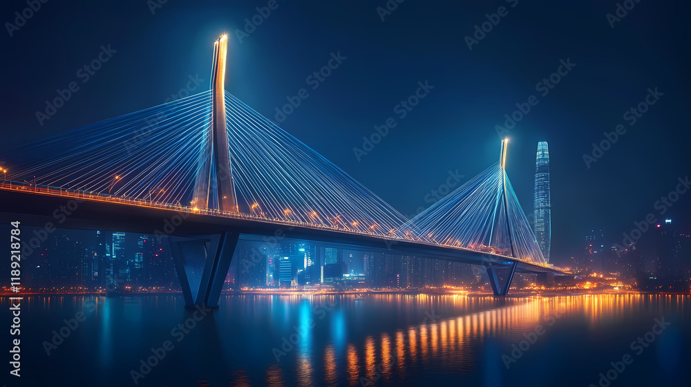 Obraz premium Futuristic cable stay bridge at night over cityscape. Nightstone. Illustration