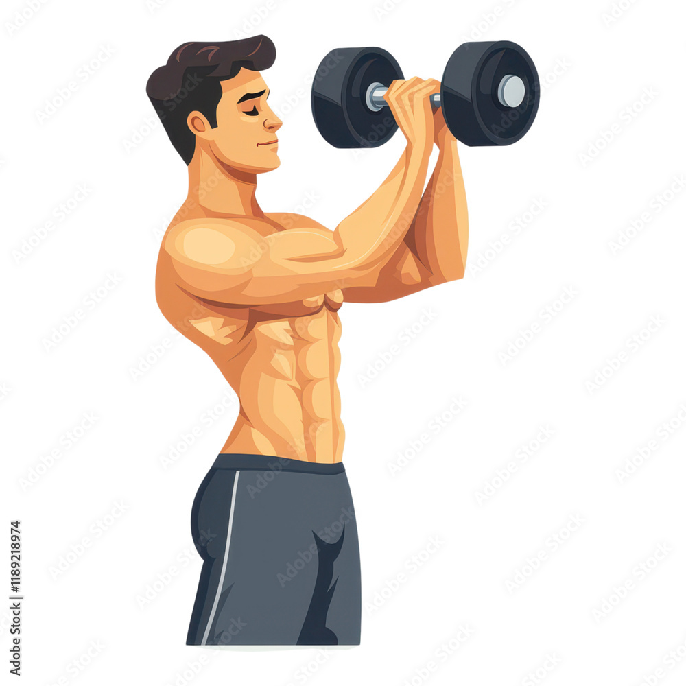 Weightlifting action by a fit man in a gym environment illustrative content side view perspective Weightlifting action by a fit man in a gym environment illustrative content side view perspective