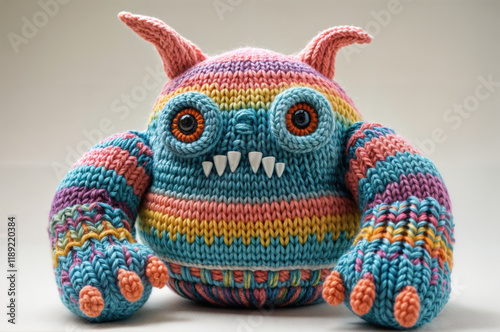 Colorful knitted monster toy with striped patterns and big eyes displayed in a neutral setting photo