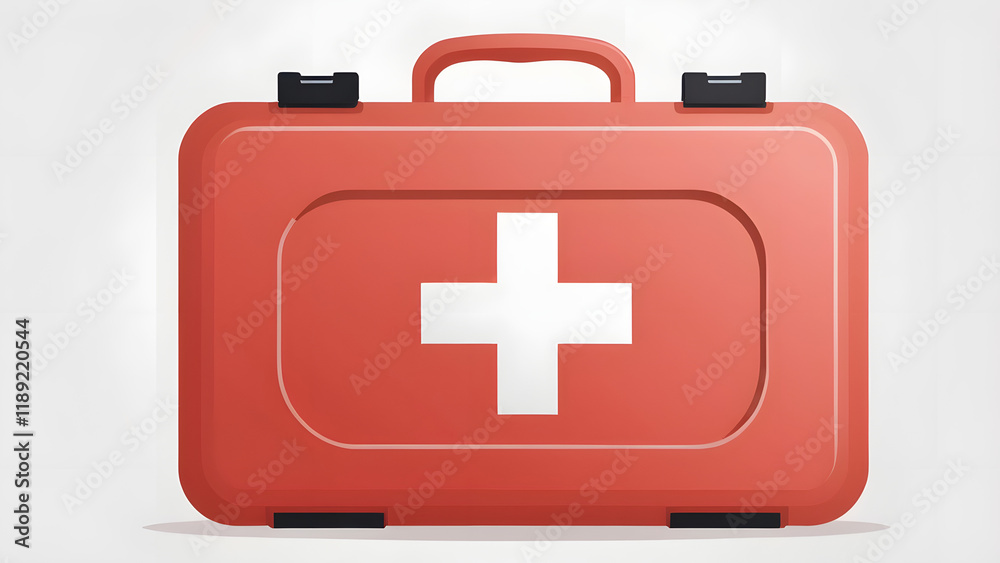 A red first aid kit with a white cross on the front.