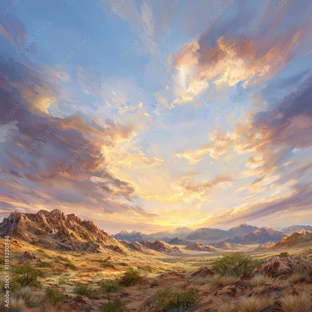 Fototapeta premium Desert landscape at crimson sunset dramatic skies nature tranquil environment wide viewpoint