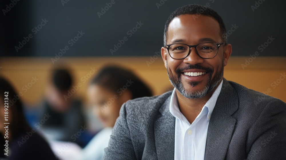 Fototapeta premium Smiling African American teacher in a classroom with students in background