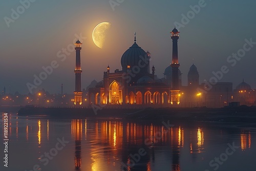 Large building mosque with moon in the sky, reflecting on the water. Scene is peaceful and serene. Ramadan card photo