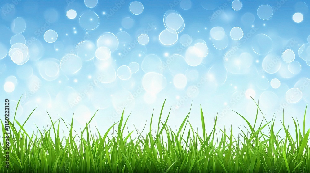 Fototapeta premium Fresh Green Grass Under a Soft Blue Sky with Bokeh Effect
