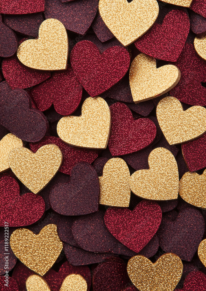 Obraz premium Glittery red and gold heart shaped confetti creating vibrant textured background