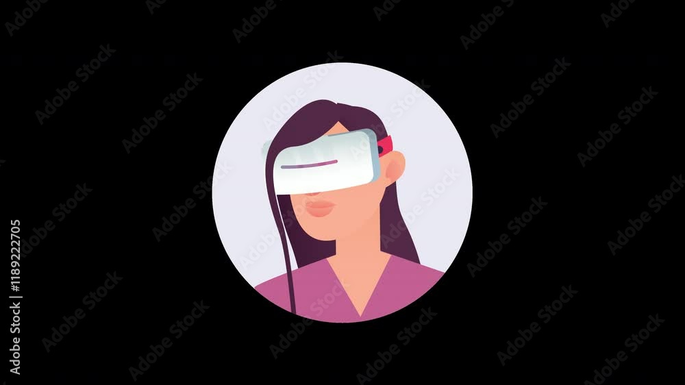 A young woman of Asian descent wearing VR goggles, with long hair, in a modern flat design style. A young woman of Asian descent wearing VR goggles, with long hair, in a modern flat design style.