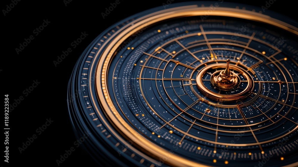 Naklejka premium Elegant Golden Compass with Intricate Circular Patterns and Stars