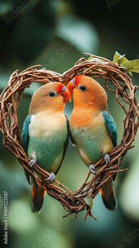 Two lovebirds nestled together in a heart-shaped vine.