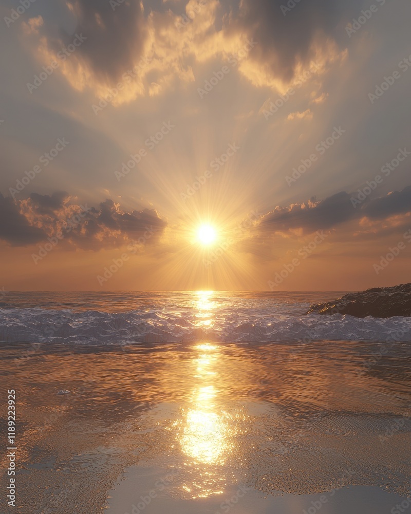 Obraz premium Breathtaking sunset over tranquil beach scenic landscape natural beauty serene atmosphere captivating view