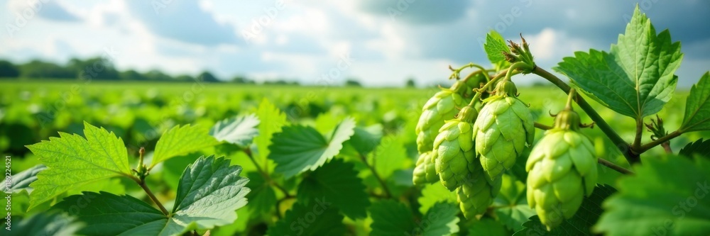 Hops and grains in green field under cloudy sky, cone, ale Hops and grains in green field under cloudy sky, cone, ale
