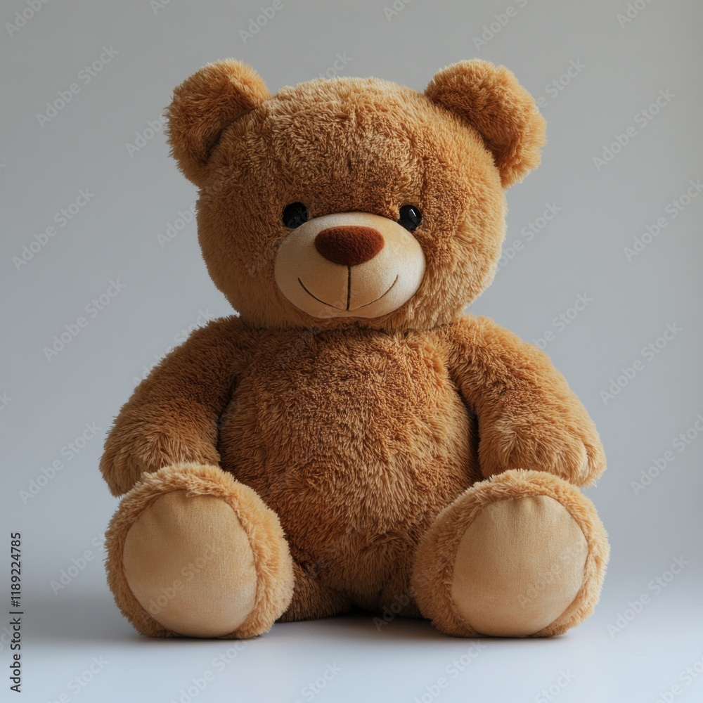 Obraz premium A soft and cuddly brown teddy bear with fluffy fur, shiny black eyes, a cute stitched smile, and detailed paw pads, isolated on a white background.