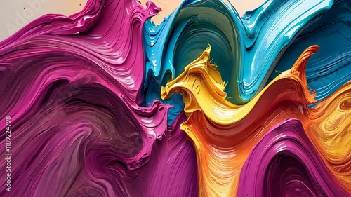 Vivid Abstract Painting with Dynamic Swirls of Pink, Purple, Yellow, and Blue Colors in a Textured Artistic Design

 photo