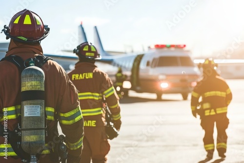 Emergency Response Team Approaching Airplane Incident Scene with Firefighter Gear, Fire Hoses, and Equipment Under Clear Blue Sky in Daylight Conditions
