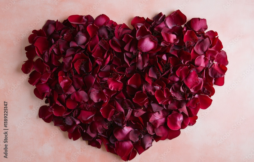 Red rose petals arranged in the shape of a heart on a pink background for a Valentine's Day celebration Red rose petals arranged in the shape of a heart on a pink background for a Valentine's Day celebration