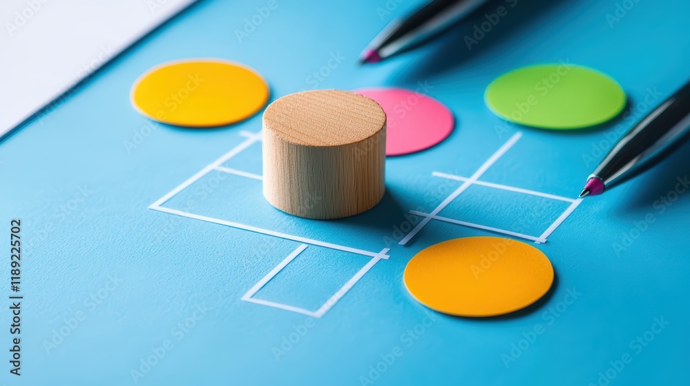 Colorful game elements on blue background with wooden cylinder piece Colorful game elements on blue background with wooden cylinder piece
