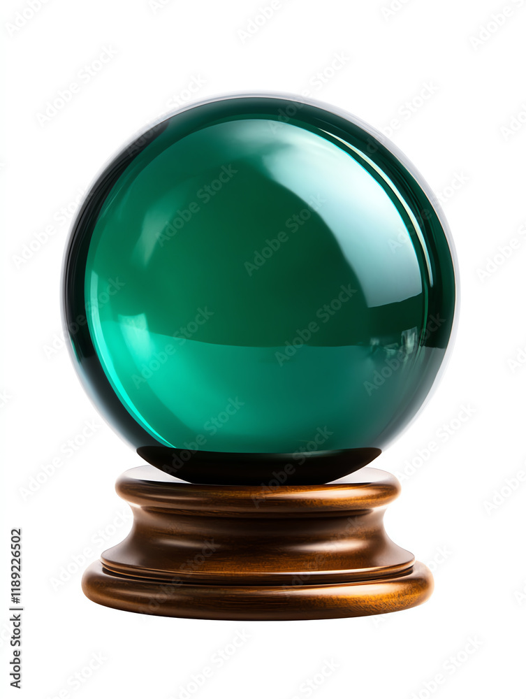 Green crystal ball on wooden base, white isolate background. Green crystal ball on wooden base, white isolate background.