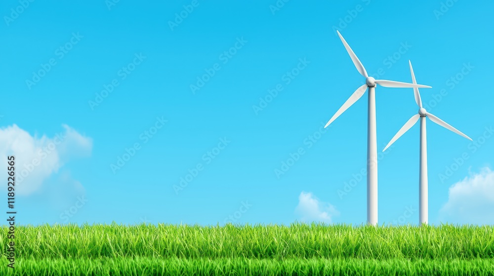 Fototapeta premium Wind Turbines Against a Clear Blue Sky with Lush Green Grass Field