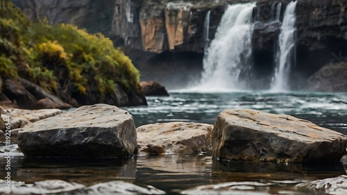 Scenic waterfall with large rocks in foreground perfect for business related to nature photo