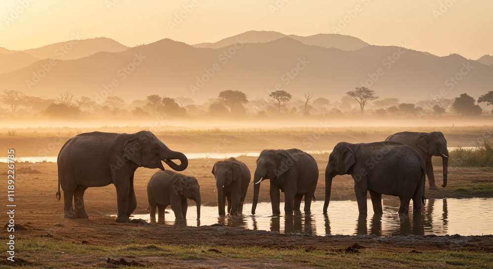 Fototapeta premium herd of elephants at sunset