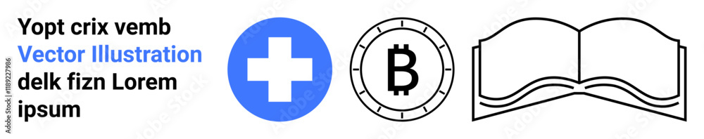 Blue cross, Bitcoin symbol in circle, open book, and black placeholder text. Ideal for medical, cryptocurrency, finance, education, technology, and graphic design. Landing page Blue cross, Bitcoin symbol in circle, open book, and black placeholder text. Ideal for medical, cryptocurrency, finance, education, technology, and graphic design. Landing page