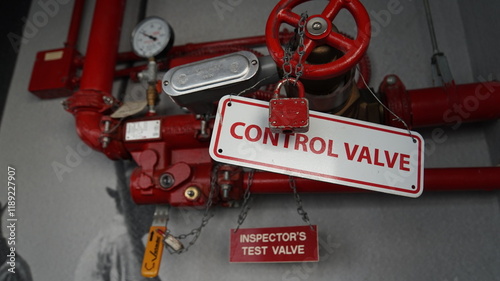 Red pipes with a large sign with the text control valve and a padlock.