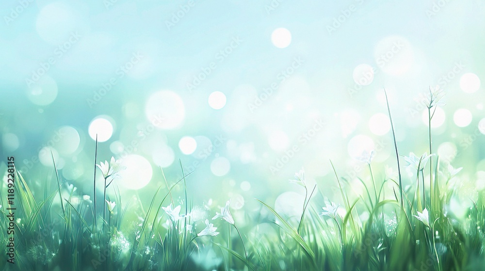 Fototapeta premium Serene Spring Scene with Lush Green Grass and Soft Light Atmosphere