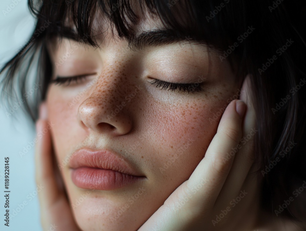 close-up of woman with freckles and closed eyes resting her face on her hands close-up of woman with freckles and closed eyes resting her face on her hands