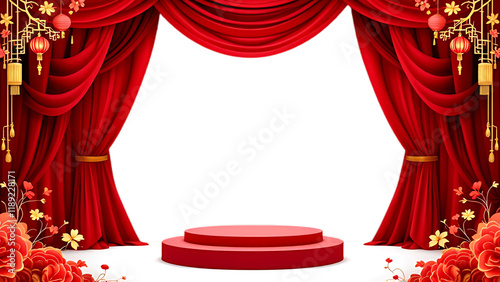 Happy Chinese New Year Wedding Invitation Clip Art, red set Round Red podium curtain, gainst a beige wall, close-up of curtain edge. Chinese New Year celebration concept. Transparent Background PNG photo