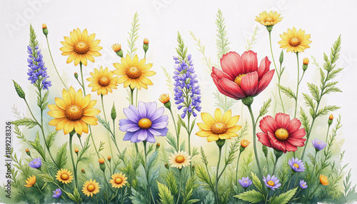 Vibrant wildflower garden in watercolor style with red, yellow, and purple blooms
