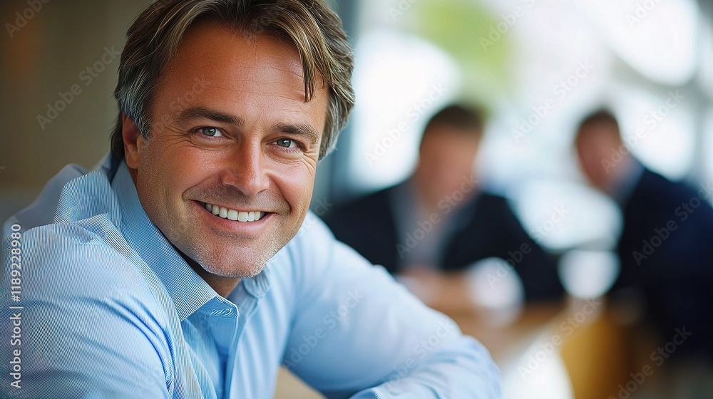 Obraz premium Smiling Businessman Leaning on Office Desk in Modern Workspace