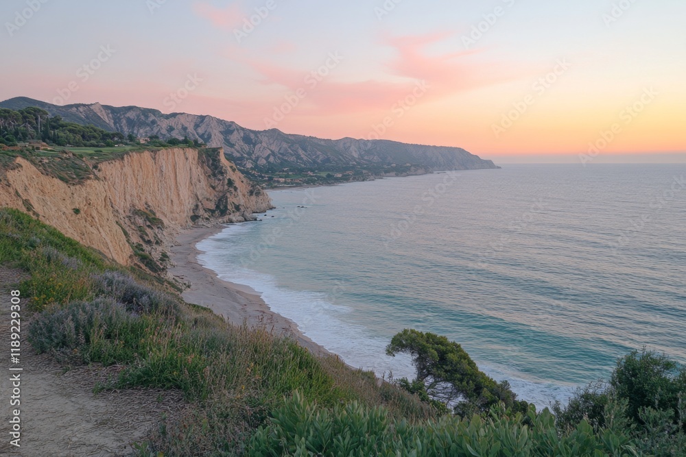 Obraz premium Cliffside view of the ocean with dramatic sunset colors