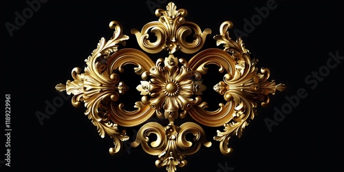 3D illustration of a vintage gold ornament with classic baroque luxury carvings, isolated for decoration.
