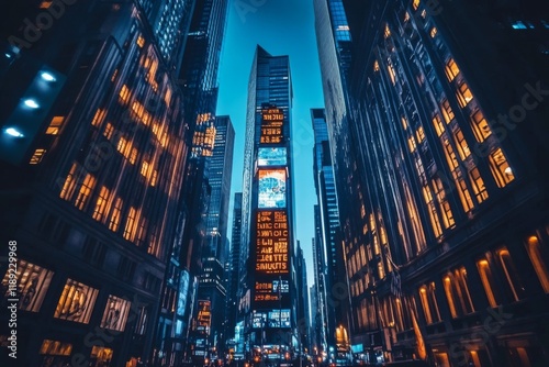 Illuminated city skyscrapers at night with vibrant reflections photo