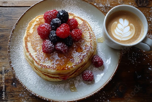 Freshly baked pancakes with berries and cappuccino photo