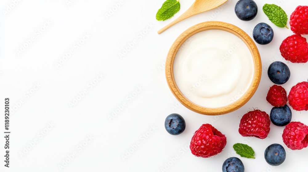 Fresh Yogurt with Berries and Mint on White Background Fresh Yogurt with Berries and Mint on White Background