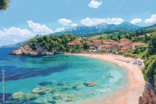 Turquoise tropical beach with lush greenery and clear waters photo