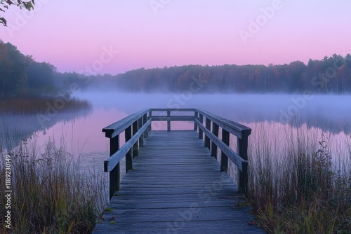 Wooden boardwalk leading into a misty lake at sunrise photo