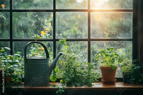 Watering can on sunlit windowsill with lush indoor plants photo