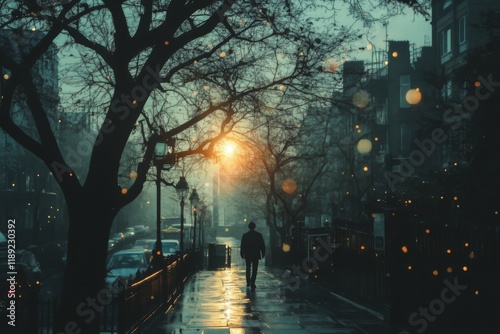 Rainy urban street with glowing city lights at night photo