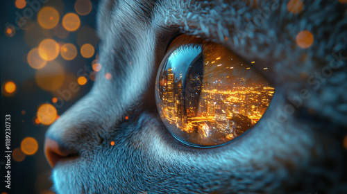 close up shot of cat eye reflecting vibrant cityscape at night, showcasing bright lights and dreamy atmosphere. intricate details evoke sense of wonder and curiosity